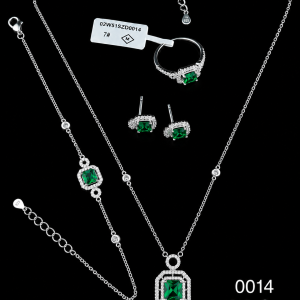 HYH Jewelry – Emerald-Cut Emerald Green Zircon Double Halo Stationed Jewelry Set (Necklace, Bracelet, Earrings & Ring)