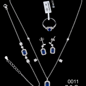 HYH Jewelry – Emerald-Cut Sapphire Blue Zircon Halo Stationed Jewelry Set (Necklace, Bracelet, Earrings & Ring)