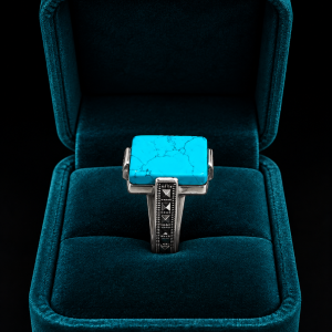 HYH Jewelry – Square Turquoise Pyramid Studded Silver Ring in 925 Sterling Silver